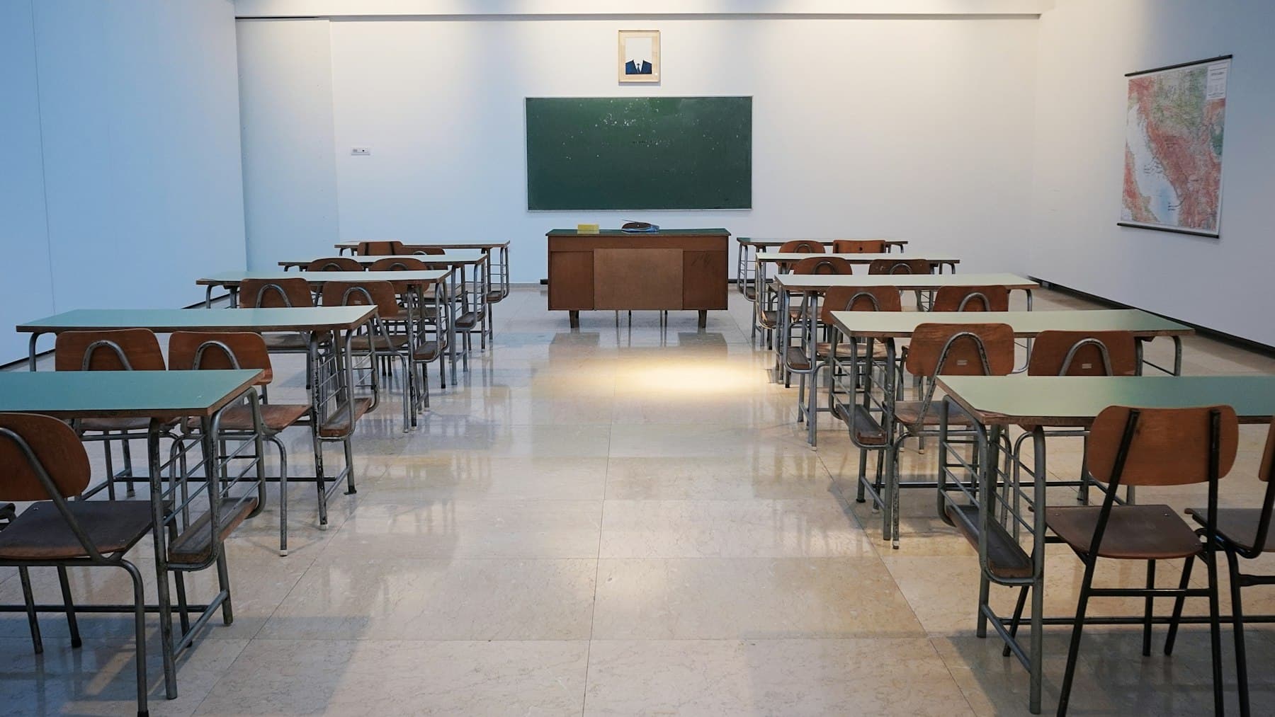 Empty classroom with a finished tile floor